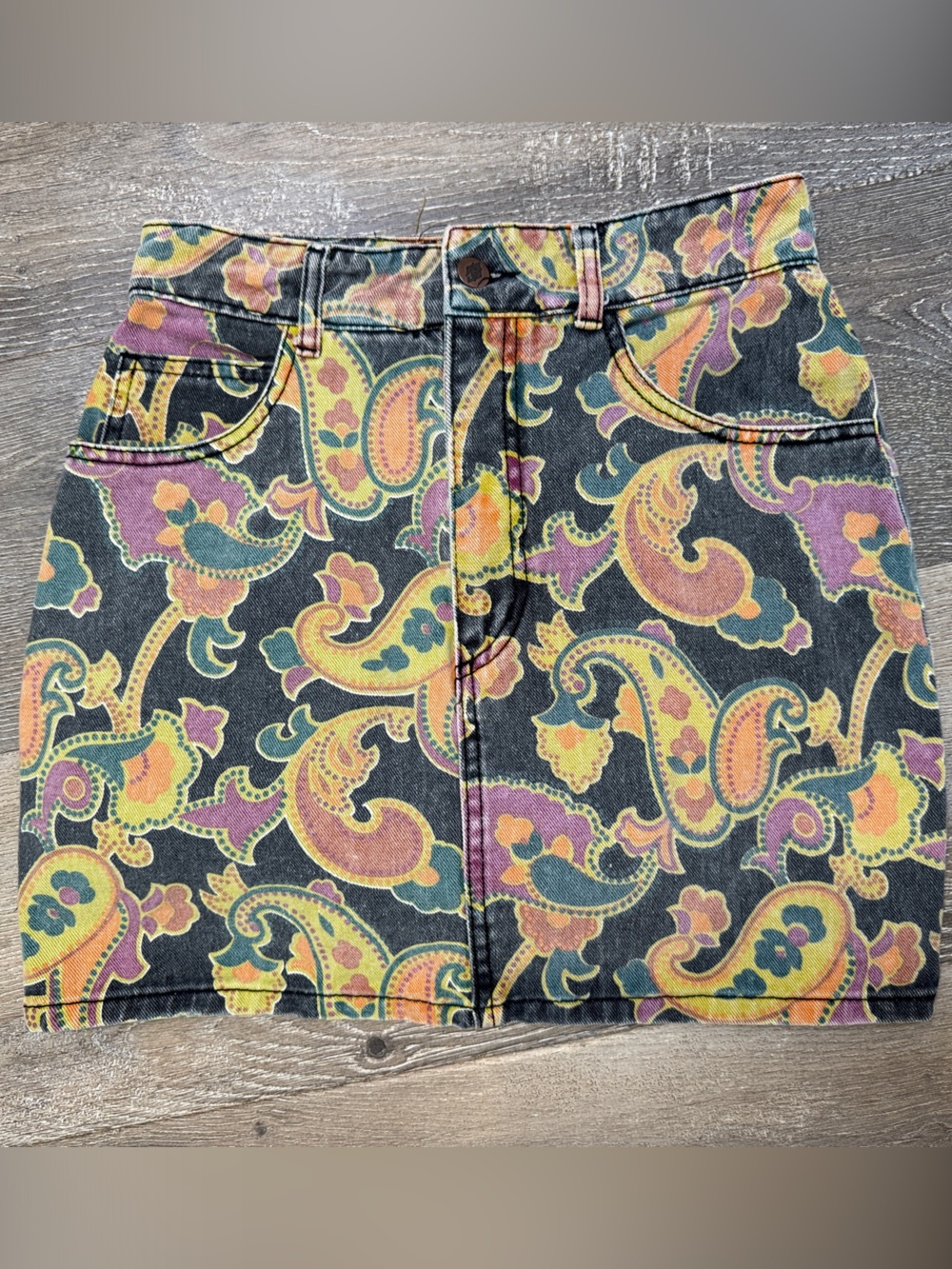 Vintage BONGO Paisley Print Denim Shorts - Black with Yellow, Purple, Green 1334